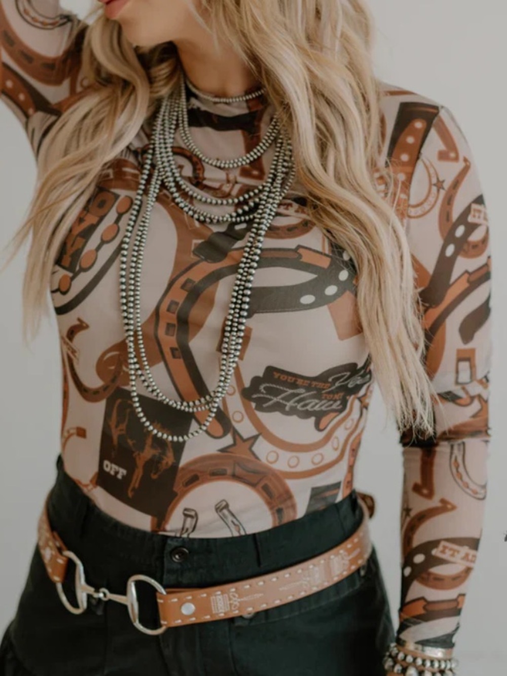 2Fly Co My Lucky Mesh Brown Graphic Long Sleeve Mockneck, size XL